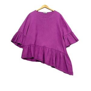 Bryn Walker Top Large 100% Linen Lagenlook Asymmetric Ruffle Hem Purple Coastal